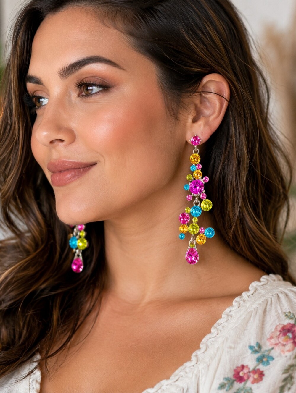 Colorful Rhinestone Chandelier Dangle Earrings Silver Tone Pierced Statement